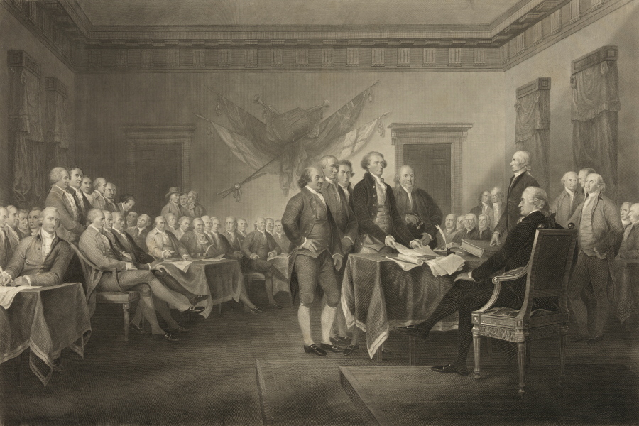 This image shows an 1876 engraving titled "Declaration of Independence, July 4th, 1776" made available by the Library of Congress. On that day, the Continental Congress formally endorsed the Declaration of Independence. Celebrations began within days: parades and public readings, bonfires and candles and the firing of 13 musket rounds, one for each of the original states. Nearly a century passed before the country officially named its founding a holiday. (J. Trumbull, W.L.