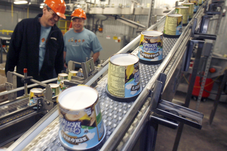FILE -- In this March 23, 2010 file photo ice cream moves along the production line at Ben & Jerry's Homemade Ice Cream, in Waterbury, Vt. Ben & Jerry's ice cream said Monday, July 19, 2021, it was going to stop selling its ice cream in the occupied Palestinian territories.