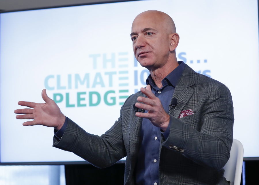 FILE - This Sept. 19, 2019, file photo shows Jeff Bezos speaking at the National Press Club in Washington. The Smithsonian Institution announced July 14, 2021, that Bezos, founder of Amazon and space-flight company Blue Origin, is donating $200 million to the National Air and Space Museum.