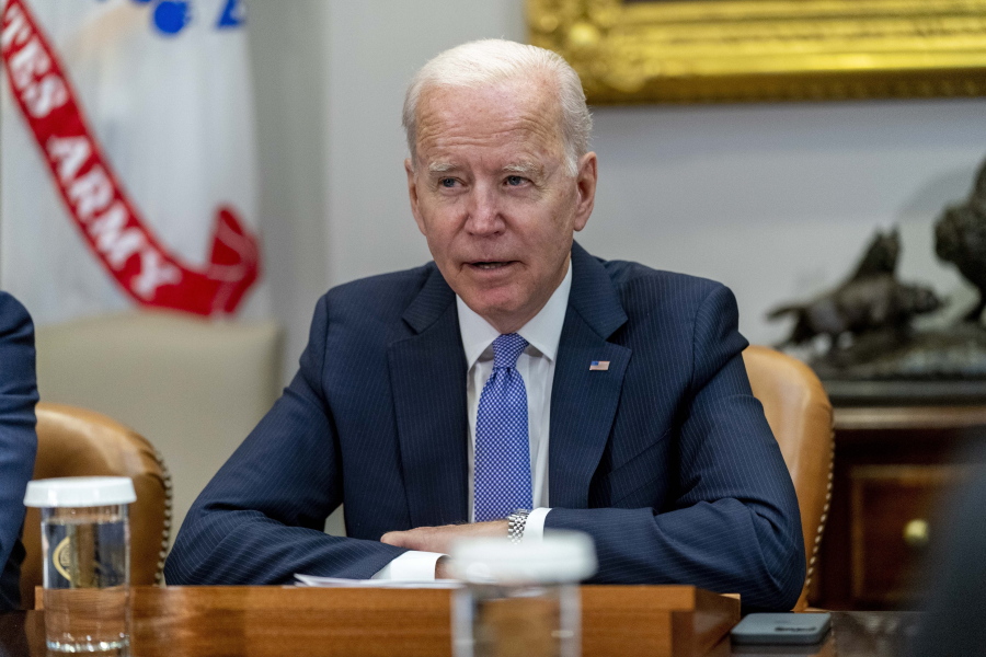 President Joe Biden speaks while meeting with union and business leaders to discuss the Bipartisan Infrastructure Framework, in the Roosevelt Room of the White House in Washington, Thursday, July 22, 2021.