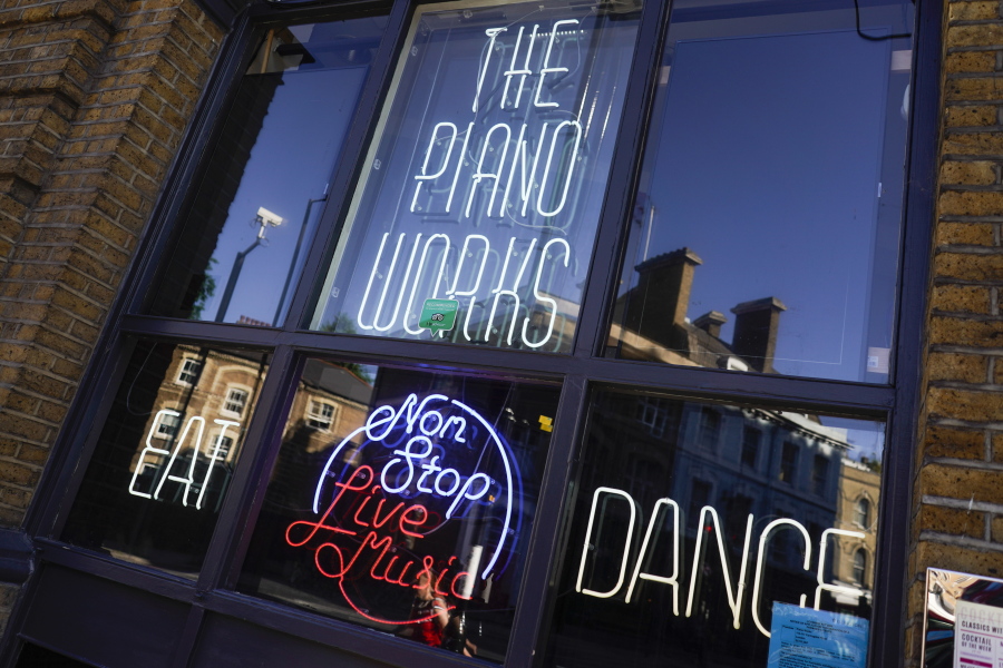 The Piano Works club in Farringdon, London, Friday, July 16, 2021, ahead of the reopening of nightclubs, as part of the relaxation of COVID-19 restrictions. Thousands of young people plan to dance the night away at "Freedom Day" parties as the clock strikes midnight Monday, when almost all coronavirus restrictions in England are due to be scrapped. Nightclubs can open fully and are not required to use vaccine passports.