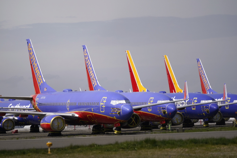 Southwest Air Boeing 737 jets are parked in April near Boeing's production plant while being stored at Paine Field in Everett.