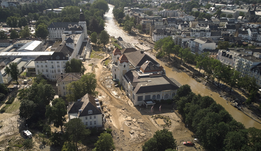 Damage and debris from flooding is near the Ahr River, including in the spa complex, Sunday, July 18, 2021, in Bad Neuenahr, Germany.