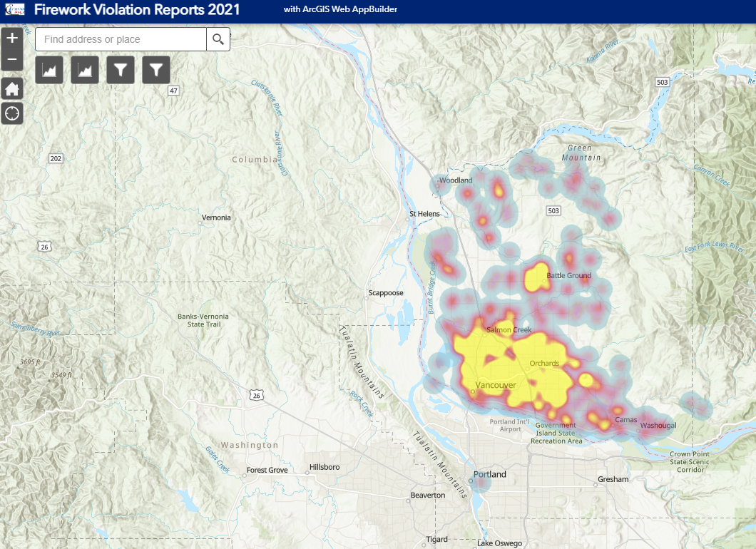 A complaint heat map showing the number of fireworks complaints on July 4.