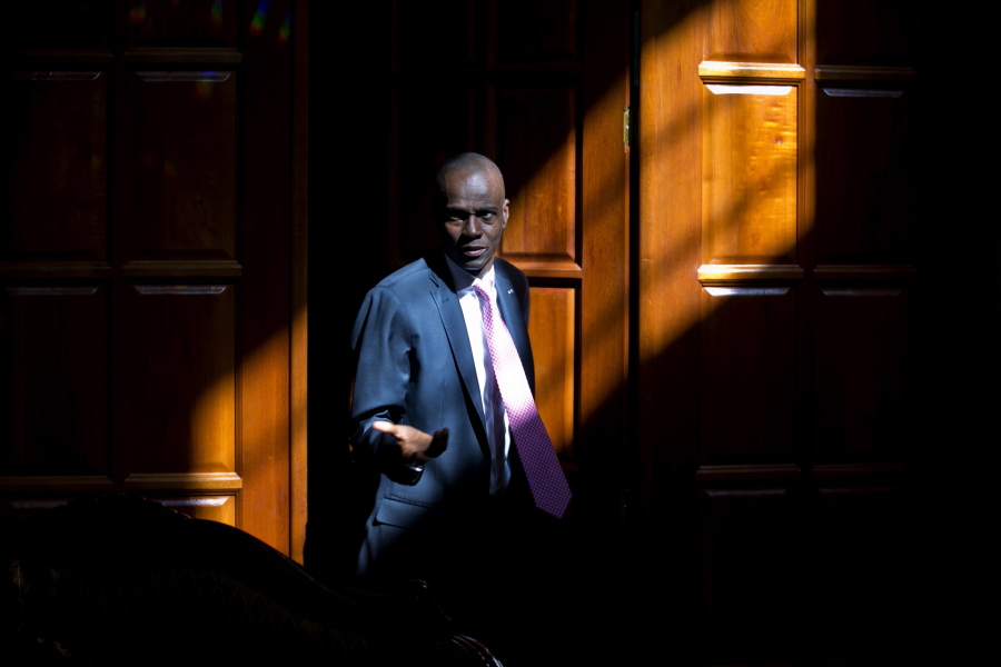 FILE - In this Feb. 7, 2020 file photo, Haitian President Jovenel Moise arrives for an interview at his home in Petion-Ville, a suburb of Port-au-Prince, Haiti. Mo?se was assassinated in an attack on his private residence early Wednesday, July 7, 2021, and First Lady Martine Mo?se was shot in the overnight attack and hospitalized, according to a statement from the country's interim prime minister.