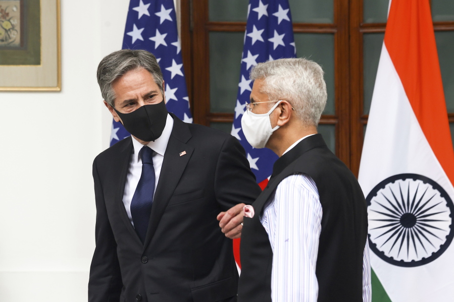 India's Foreign Minister Subrahmanyam Jaishankar, right, welcomes U.S. Secretary of State Antony Blinken at Hyderabad House in New Delhi, India Wednesday, July 28, 2021.