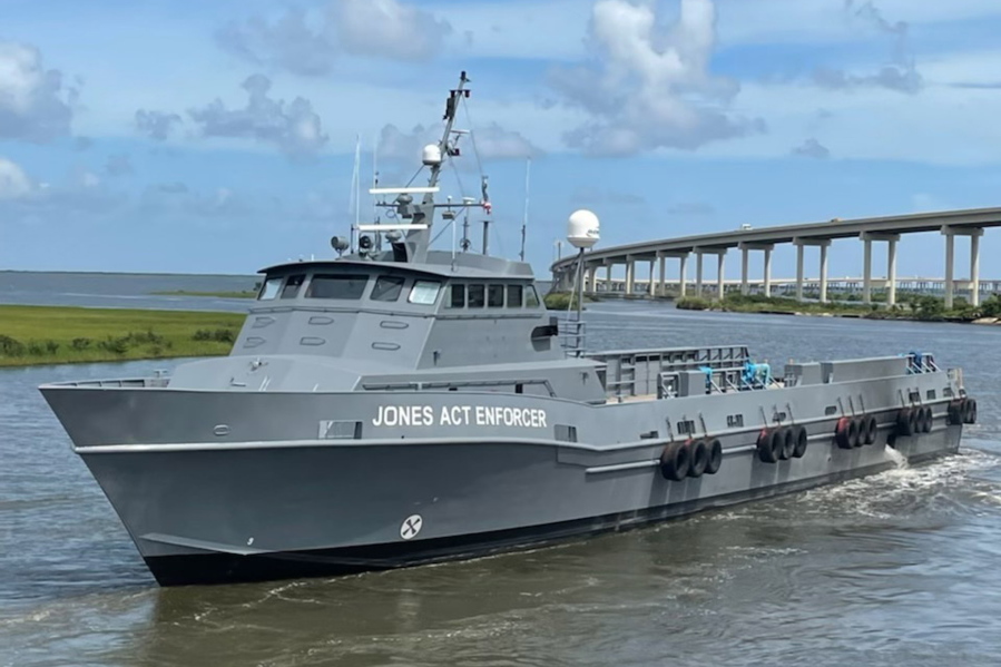 This image provided by the Offshore Marine Service Association shows the patrol vessel, the Jones Act Enforcer in Leeville, La., on July 15, 2021. The Offshore Marine Service Association has launched the ship to gather photos and videos of ships it considers to be violating a 1920 law requiring U.S. vessels to carry cargo between U.S. locations. It will provide such evidence to enforcement agencies and to trade publications, said Aaron Smith, president and CEO of the association.