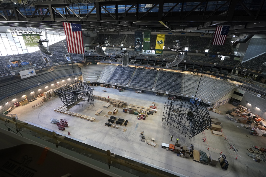 The ice and seating areas of Climate Pledge Arena are viewed during a media tour of the facility, Monday, July 12, 2021, in Seattle. The arena will be the home of the NHL hockey team Seattle Kraken and the WNBA Seattle Storm basketball team as well as hosting concerts and other performing arts events. (AP Photo/Ted S.