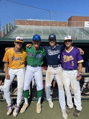 From left, Columbia River's Sawyer Parkin, Mountain View's Riley McCarthy, Skyview's Kyle Olson and Columbia River's Nick Alder played for Team Adams at the Washington Senior All-State series in Yakima on July 10-11.