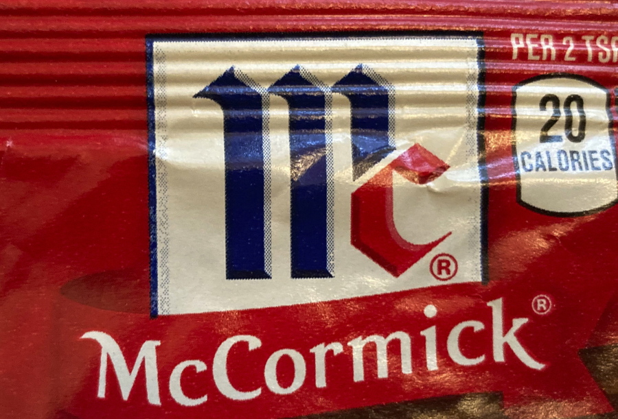 FILE - This Tuesday Nov. 24, 2020, file photo shows the logo for McCormick & Co. McCormick is voluntarily recalling some seasonings due to possible salmonella contamination. The company said this week that it's recalling McCormick Perfect Pinch Italian Seasoning, McCormick Culinary Italian Seasoning and Frank's RedHot Buffalo Ranch Seasoning.