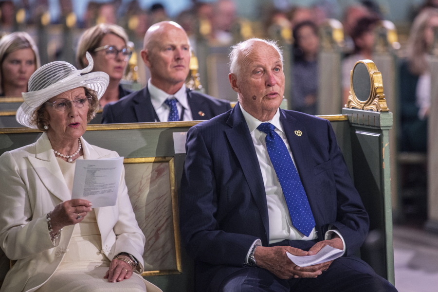 Norway's King Harald and Queen Sonja sing, during the memorial service at Oslo Cathedral, on the 10-year anniversary of the terrorist attack by Anders Breivik, in Oslo, Thursday, July 22, 2021. Commemorations were held marking the 10-year anniversary of Norway's worst ever peacetime slaughter. On July 22, 2011, rightwing terrorist Anders Breivik set of a bomb in the capital, Oslo, killing eight people, before heading to tiny Utoya island where he stalked and shot dead 69 mostly teen members of the Labor Party youth wing.