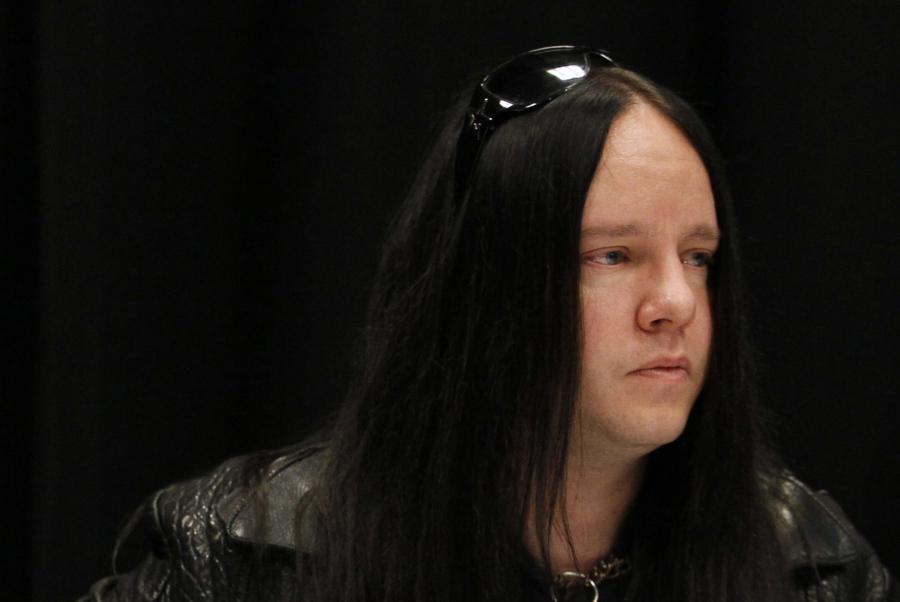 FILE - Slipknot band member Joey Jordison participates in a news conference about the death of bassist Paul Gray on May 25, 2010, in Des Moines, Iowa. Jordison, the founding drummer of the band Slipknot, has died at age 46. Jordison's family says he died peacefully in his sleep Monday, July 26, 2021.