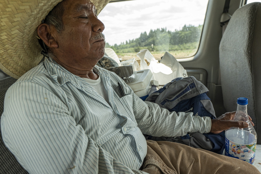 Baltazar Lucas, brother-in-law of farm worker Sebastian Francisco Perez who died last weekend while working in an extreme heat wave, rests after a day working in the heat, Thursday, July 1, 2021, in St. Paul, Ore.