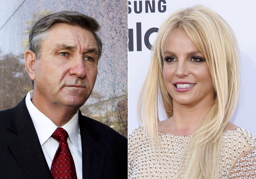 Jamie Spears, father of singer Britney Spears, leaves the Stanley Mosk Courthouse in Los Angeles on Oct. 24, 2012, left, and Britney Spears arrives at the Billboard Music Awards in Las Vegas on May 17, 2015. Spears' father has asked the court overseeing his daughter's conservatorship to investigate her statements to a judge last week on the court's control of her medical treatment and personal life.  James Spears emphasized that in 2019 he relinquished his power over his daughter's personal affairs, and has control only over her money.