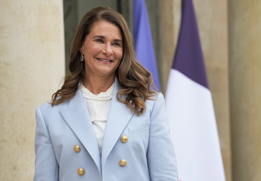 FILE - In this Thursday, July 1, 2021, file photo, Melinda Gates, co-chair of the Bill and Melinda Gates Foundation, poses for photographers as she arrives for a meeting after a meeting on the sideline of the gender equality conference at the Elysee Palace in Paris. Philanthropists Melinda French Gates, MacKenzie Scott and the family foundation of billionaire Lynn Schusterman awarded $40 million Thursday, July 29, 2021, to four gender equality projects.