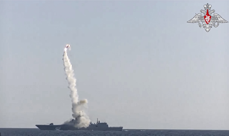 In this photo taken from video distributed by Russian Defense Ministry Press Service, a new Zircon hypersonic cruise missile is launched by the frigate Admiral Gorshkov of the Russian navy from the White Sea, in the north of Russia, Russia, Monday, July 19, 2021. The Russian military has reported another successful test launch of a new Zircon hypersonic cruise missile. Russia's Defense Ministry said the launch took place on Monday from an Admiral Groshkov frigate located in the White Sea, in the north of Russia. The ministry said the missile successfully hit a target more than 350 kilometers (217 miles) away on the coast of the Barents Sea.