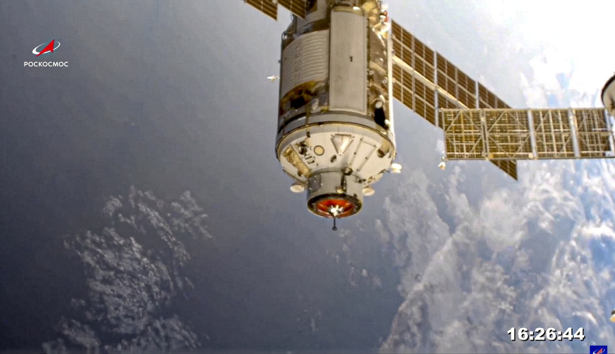 In this photo provided by Roscosmos Space Agency Press Service, the Nauka module is seen prior to docking with the International Space Station on Thursday, July 29, 2021. Russia's long-delayed lab module successfully docked with the International Space Station on Thursday, eight days after it was launched from the Russian space launch facility in Baikonur, Kazakhstan. The 20-metric-ton (22-ton) Nauka module, also called the Multipurpose Laboratory Module, docked with the orbiting outpost after a long journey and a series of manoeuvres.