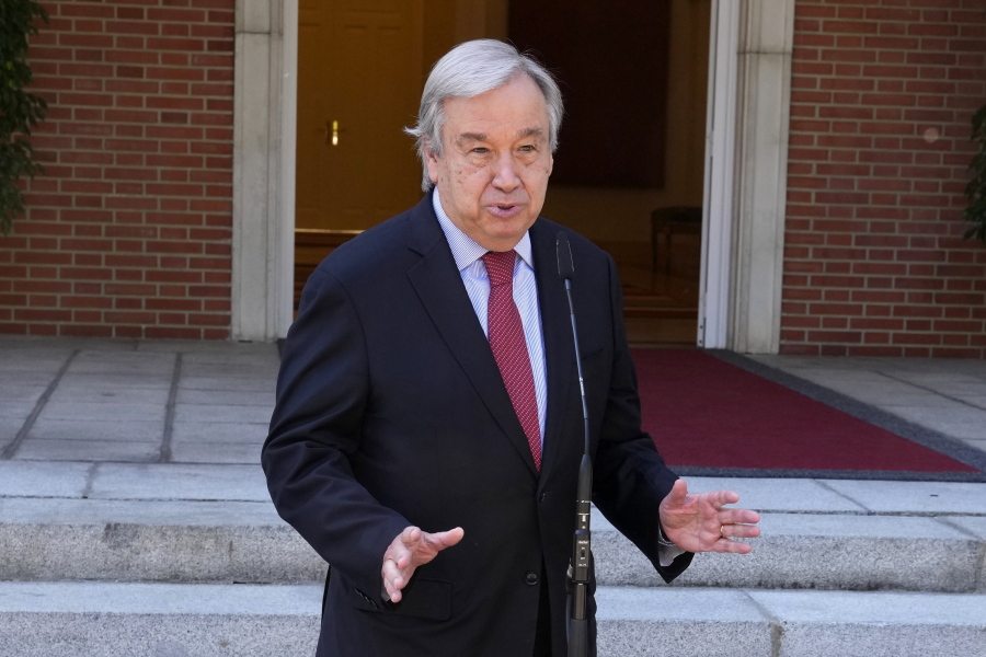 United Nations Secretary General Antonio Guterres speaks during a news conference with Spain's Prime Minister Pedro Sanchez at the Moncloa Palace in Madrid, Spain, Friday, July 2, 2021.
