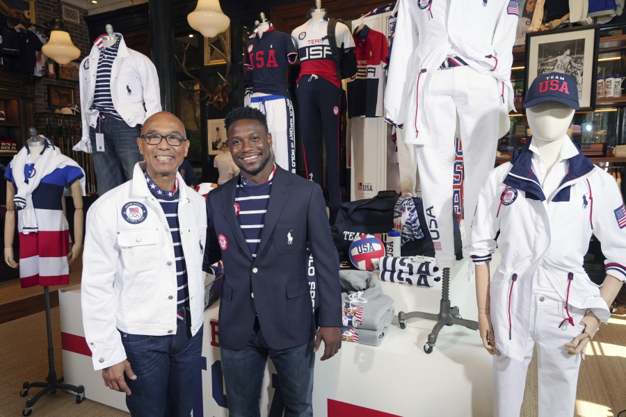 Olympic medalists in fencing, Peter Westbrook, left, and Daryl Homer model the Team USA Tokyo Olympic opening ceremony uniforms at the Ralph Lauren SoHo store on Wednesday, July 7, 2021, in New York.