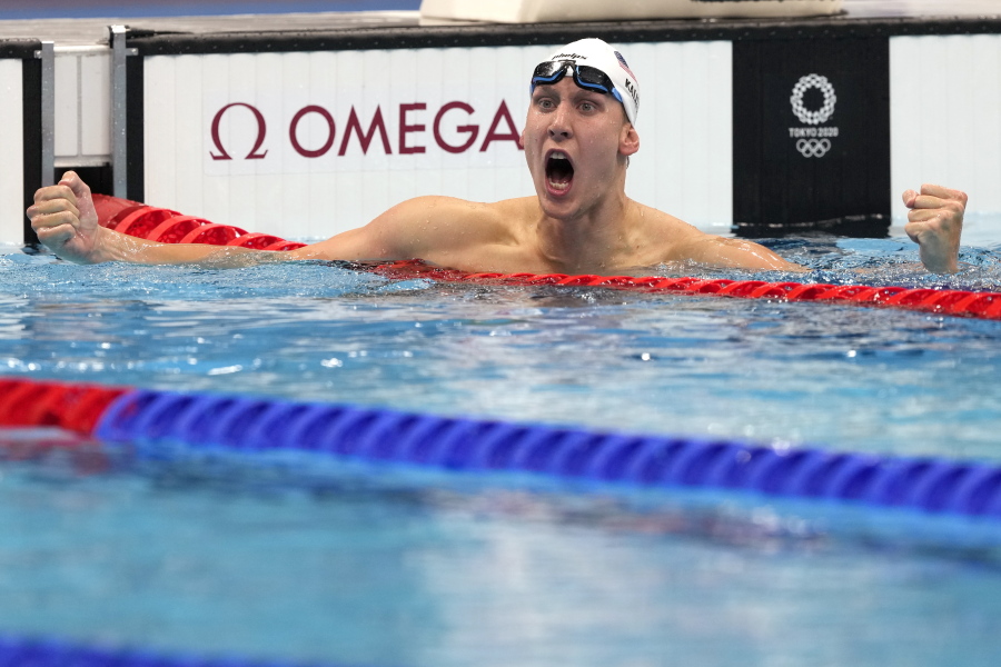 Chase Kalisz, of the United States, celebrates winning the final of the men's 400-meter individual medley at the 2020 Summer Olympics, Sunday, July 25, 2021, in Tokyo, Japan.