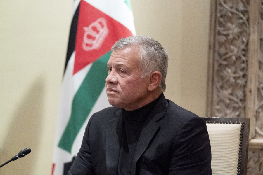 FILE - In this May 26, 2021 file photo, Jordan's King Abdullah II listens during a meeting with Secretary of State Antony Blinken, in Amman, Jordan.