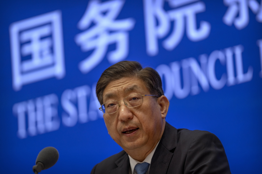 Zeng Yixin, Vice Minister of China's National Health Commission, speaks at a press conference at the State Council Information Office in Beijing, Thursday, July 22, 2021. Zeng said Thursday he was taken aback by the World Health Organization's plan for the second phase of a COVID-19 origins study.