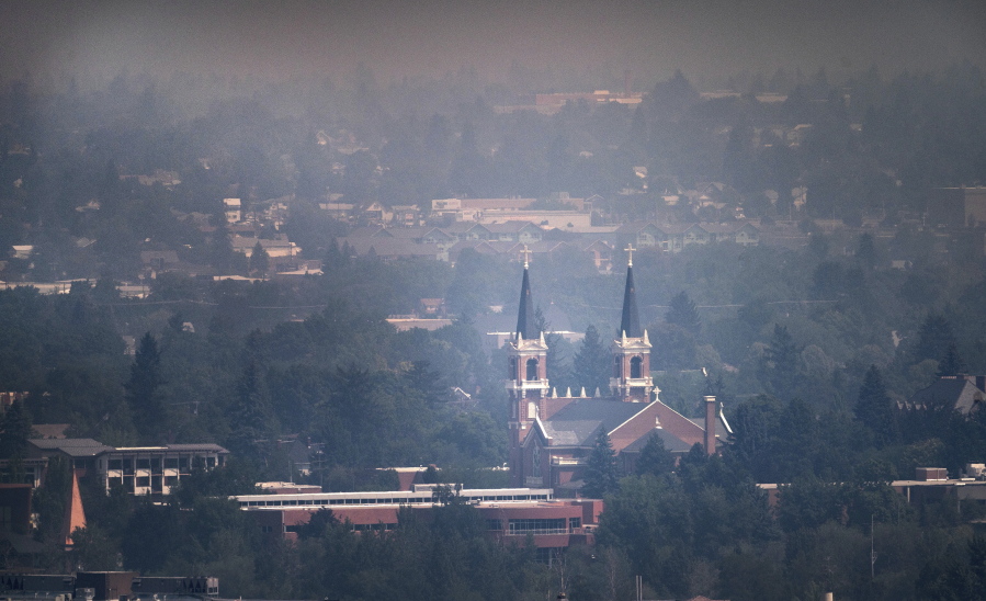St. Aloysius Church on the campus of Gonzaga University is blanketed in smoke from area wildfires, Saturday, July 10, 2021.