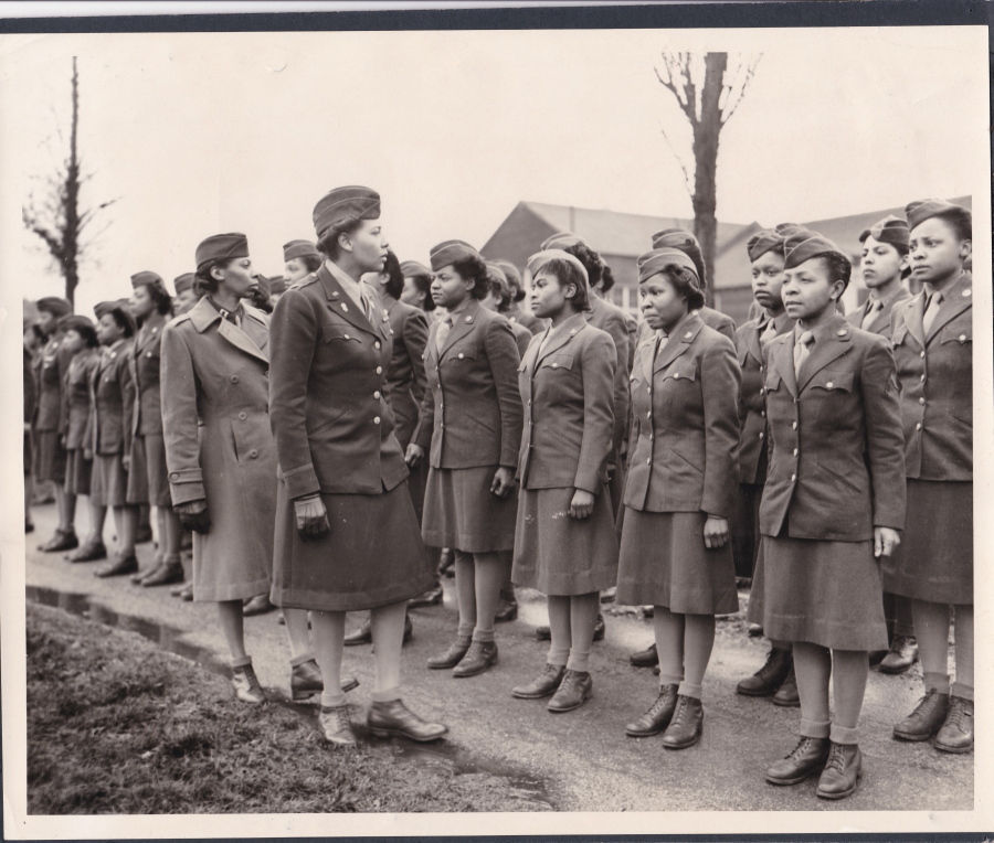 In this photo provided by the U.S. Army Women's Museum, members of the 6888th battalion stand in formation in Birmingham, England, in 1945. The Women's Army Corps battalion, which made history as the only all-female Black unit to serve in Europe during World War II, is set to be honored by Congress. (U.S.