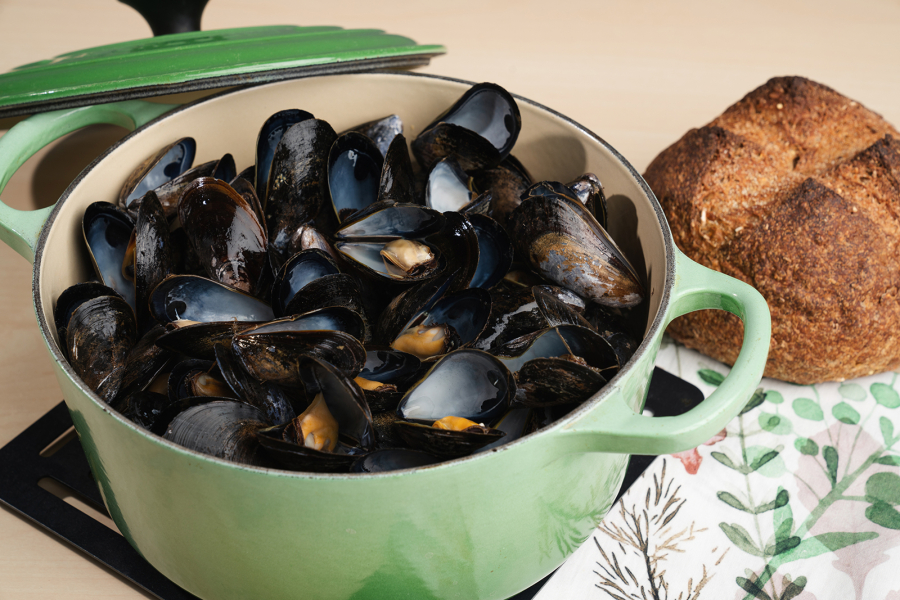 Mussels steamed in white wine.