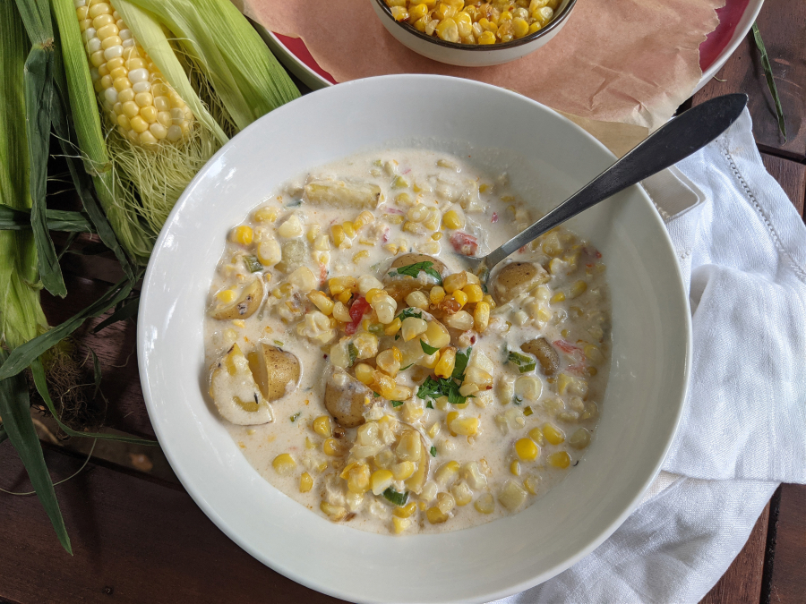 Maple syrup-candied corn gives this creamy corn chowder a spicy bite.