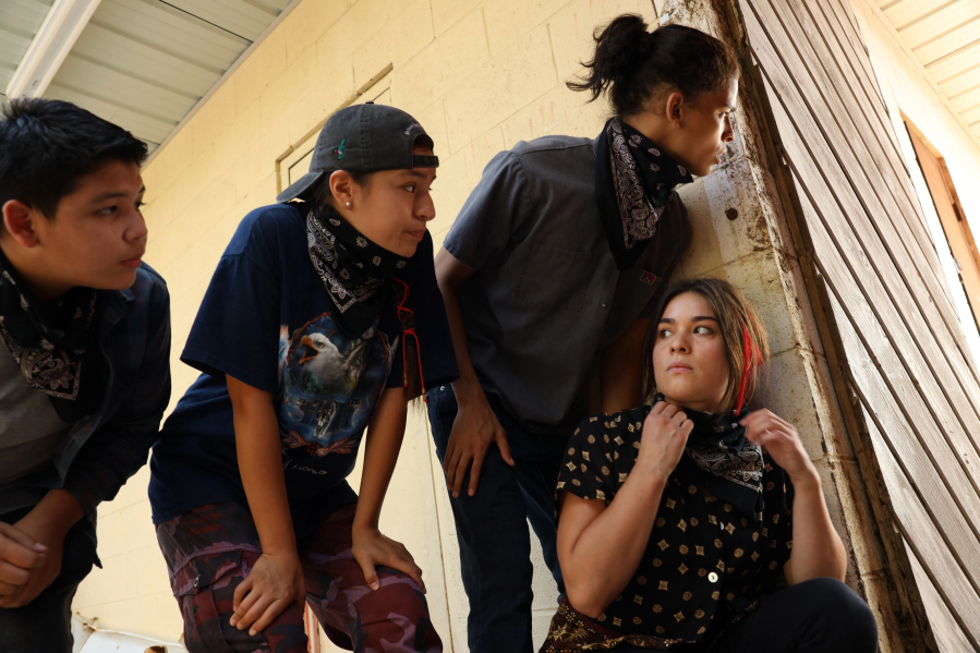 From left, Lane Factor as Cheese, Paulina Alexis as Willie Jack, D???Pharaoh Woon-A-Tai as Bear and Devery Jacobs as Elora Danan in "Reservation Dogs." (Shane Brown/FX/TNS)
