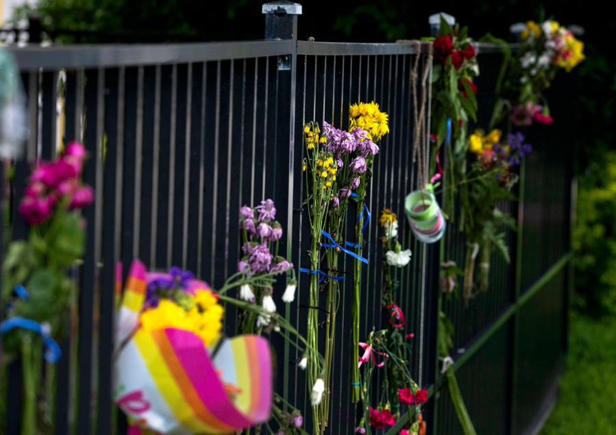 A makeshift memorial for victims of the Champlain Towers South condo collapse at a dog park in Surfside, Florida on Tuesday, June 29, 2021. The condominium partially collapsed Thursday, June 24.