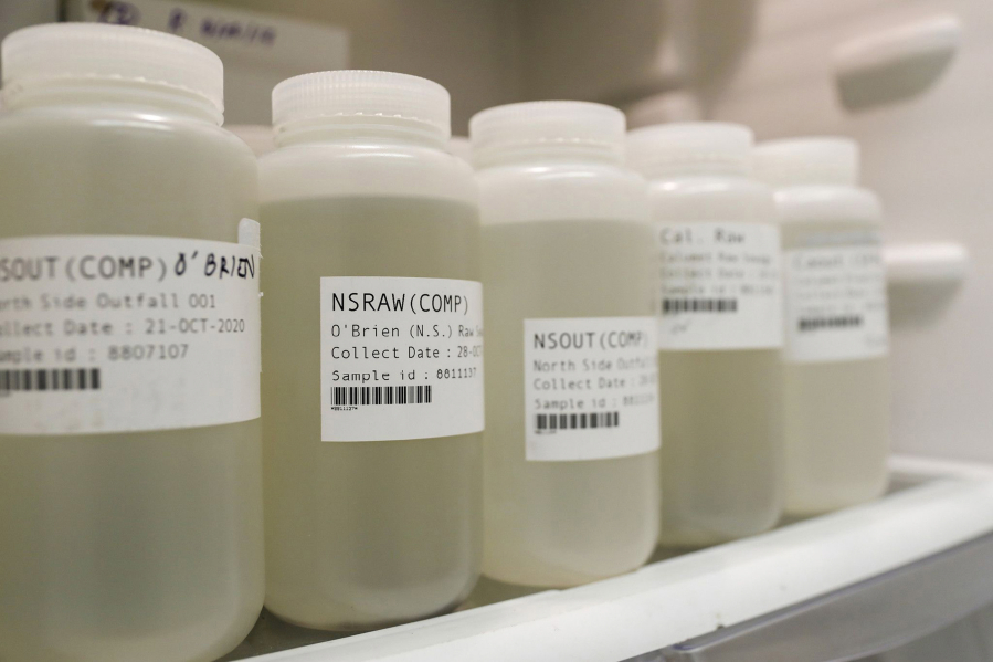 Samples of raw sewage from the city's three treatment plants in storage in a refrigerator at the University of Illinois at Chicago School of Public Health building in Chicago on November 12, 2020. (Jose M.