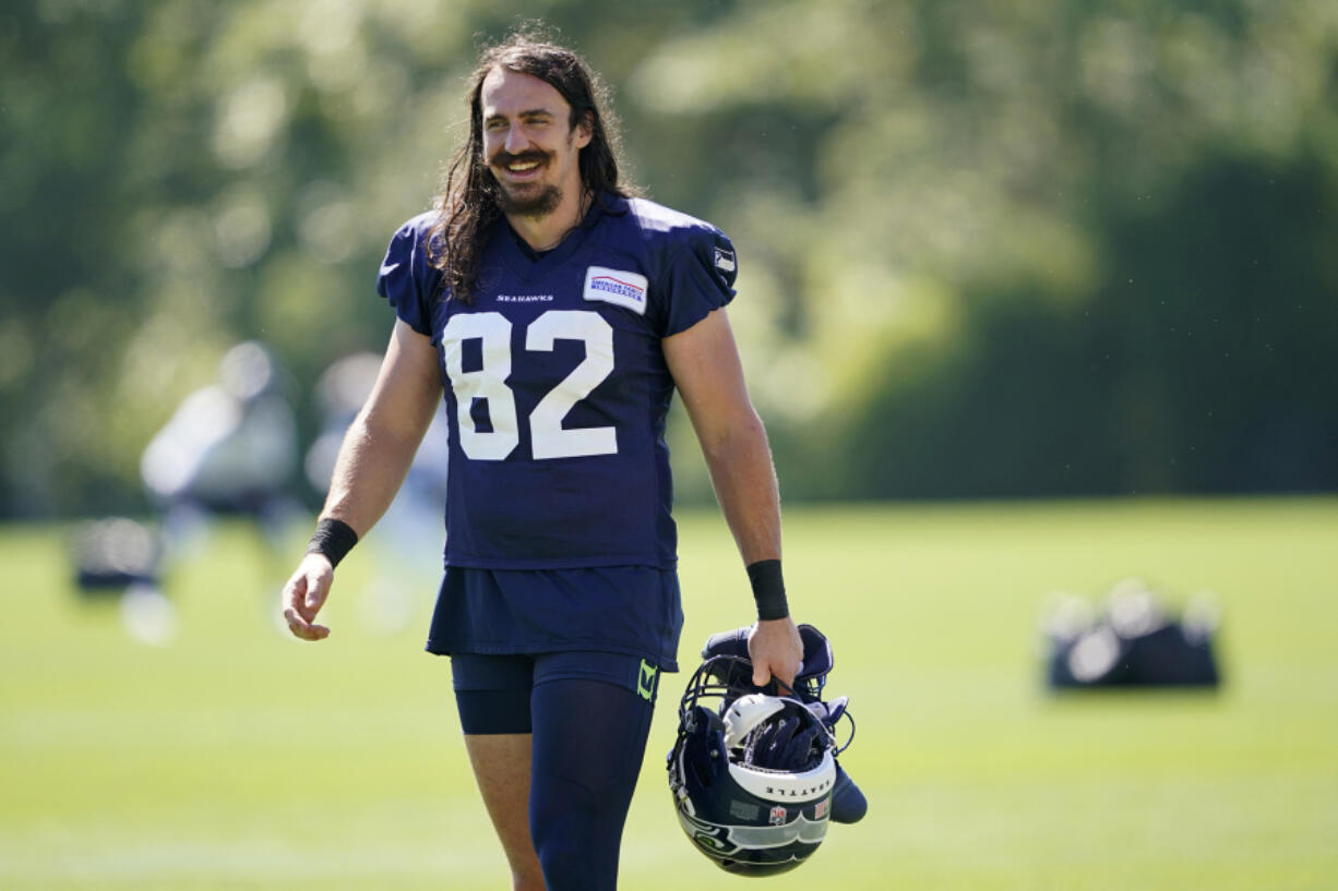 Seattle Seahawks tight end Luke Willson, pictured at training camp in 2020, has re-signed with the team to help add depth.. (AP Photo/Ted S.