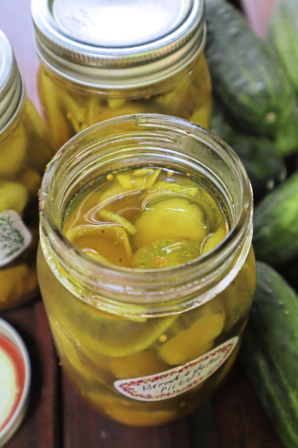 Old-fashioned bread and butter pickles are flavored with brown sugar and onion, with turmeric adding a lovely golden hue.