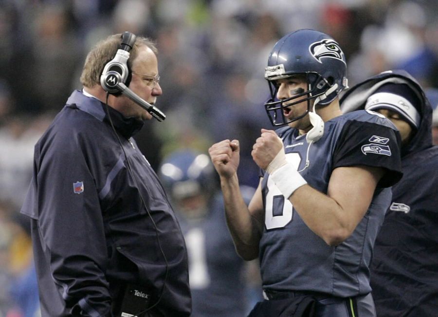 The Seattle Seahawks will honor former quarterback Matt Hasselbeck, right, on Oct. 25, 2021, and former head coach Mike Holmgren, left, on Oct. 31, 2021, as both will have their names added to the Seahawks Ring of Honor at Lumen Field in Seattle.
