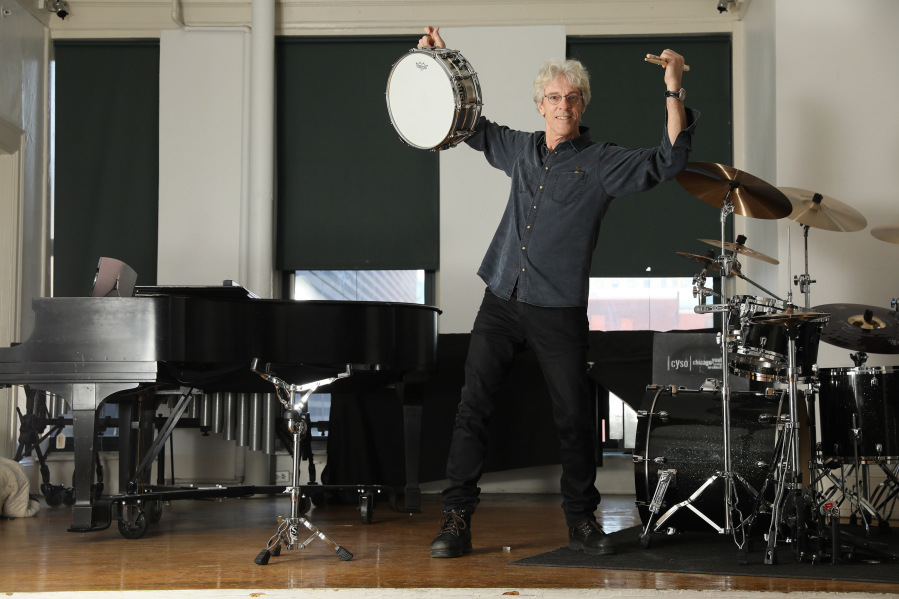 Stewart Copeland, former drummer for "The Police," in his rented studio space at the Fine Arts Building in Chicago in 2017.