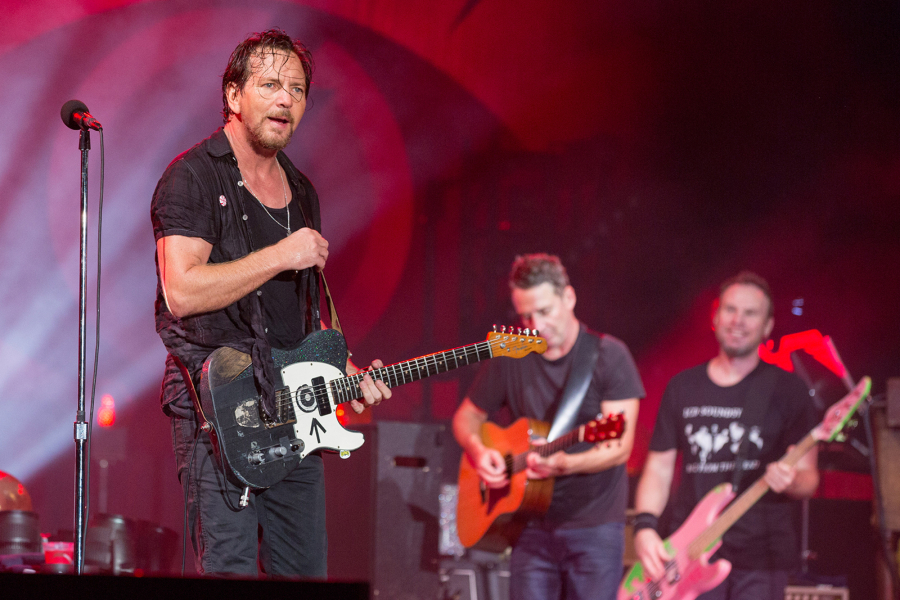 Eddie Vedder, from left, Stone Gossard and Jeff Ament of Pearl Jam perform at Great Stage Park during Bonnaroo Music and Arts Festival on June 11, 2016, in Manchester, Tenn.
