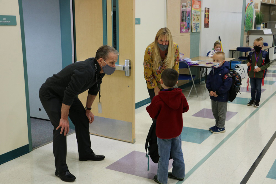 Battle Ground Deputy Superintendent Denny Waters chats with a kindergartner during the 2020-21 school year. Waters spent the past four years as the district's deputy superintendent before becoming superintendent July 1.
