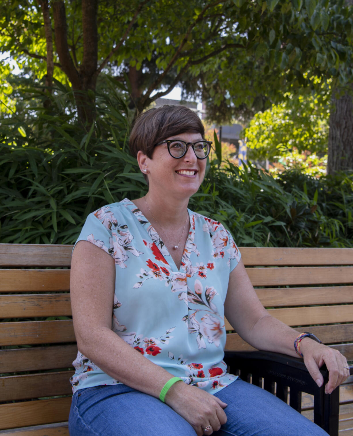 Vancouver resident Laura Ellsworth sits on a park bench for a portrait July 29 at Esther Short Park. Ellsworth is a fully vaccinated kidney transplant recipient but doesn't have full protection from COVID-19. She was part of a study on COVID-19 vaccines in immunocompromised patients.