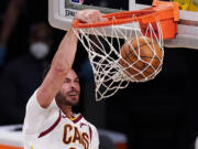 Forward Larry Nance Jr. is coming to the Portland Trail Blazers as part of a three-way trade. The Cavaliers have agreed to acquire restricted free agent forward Lauri Markkanen from Chicago that will also send Nance Jr. from Cleveland to Portland, a person familiar with the deal told the Associated Press on Friday, Aug. 27, 2021. (AP Photo/Mark J.