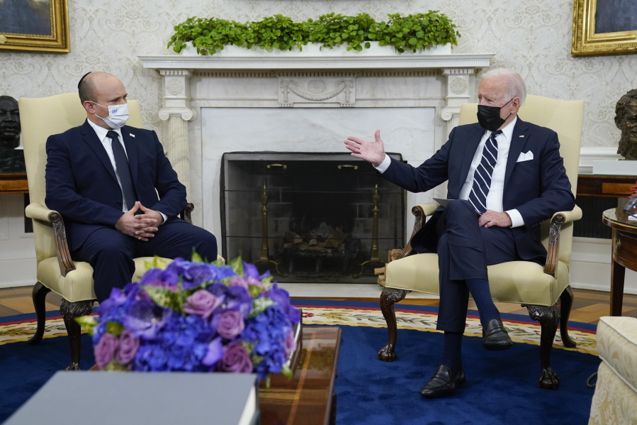 President Joe Biden meets with Israeli Prime Minister Naftali Bennett in the Oval Office of the White House, Friday, Aug. 27, 2021, in Washington.