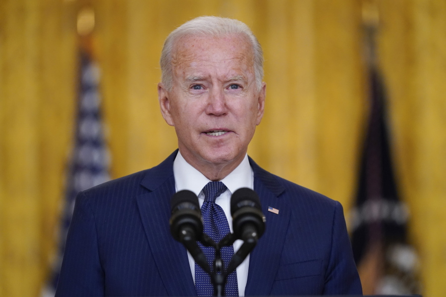 President Joe Biden speaks about the bombings at the Kabul airport that killed at least 12 U.S. service members, from the East Room of the White House, Thursday, Aug. 26, 2021, in Washington.