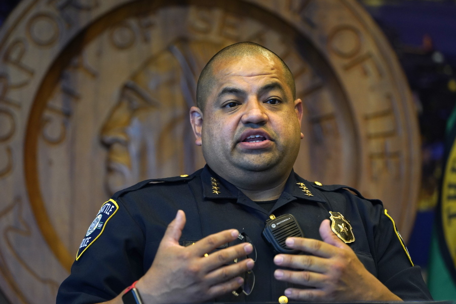 FILE - In this Sept. 2, 2020, file photo, then-Interim Seattle Police Chief Adrian Diaz addresses a news conference in Seattle.