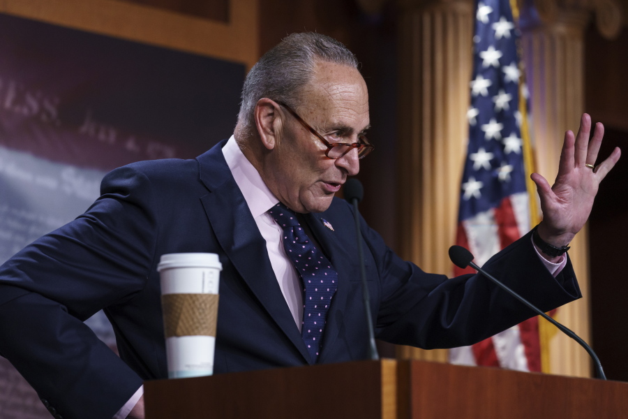 Senate Majority Leader Chuck Schumer, D-N.Y., meets with reporters after a marathon "vote-a-rama" to advance President Joe Biden's federal priorities, at the Capitol in Washington, Wednesday, Aug. 11, 2021. (AP Photo/J.