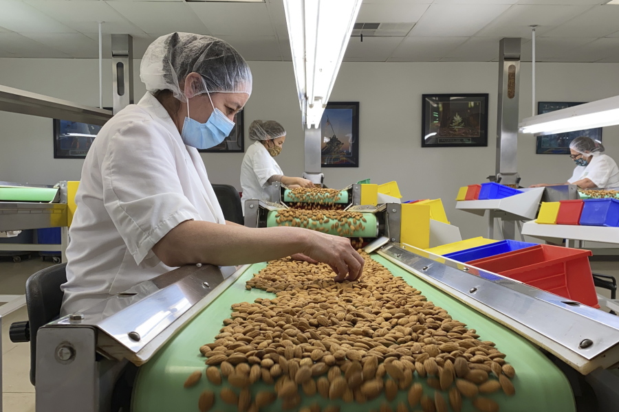 Employees inspect almonds in the processing facility at Steward & Jasper Orchards in Newman, Calif. on July 20, 2021. California's deepening drought threatens its $6 billion almond industry, which produces about 80 percent of the world's almonds. As water becomes scarce and expensive, some growers have stopped irrigating their orchards and plan to tear them out years earlier than planned.