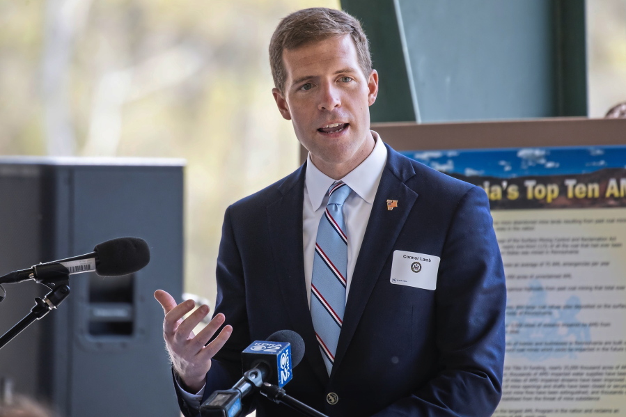 FILE--In this file photo from April 27, 2021, U.S. Rep. Conor Lamb, D-Pa., speaks at a dedication for a facility intended to improve water quality in McDonald, Pa. Lamb said Friday, Aug. 6, 2021, he is running for Pennsylvania's open Senate seat, joining a crowded Democratic field in one of the nation's most competitive races.