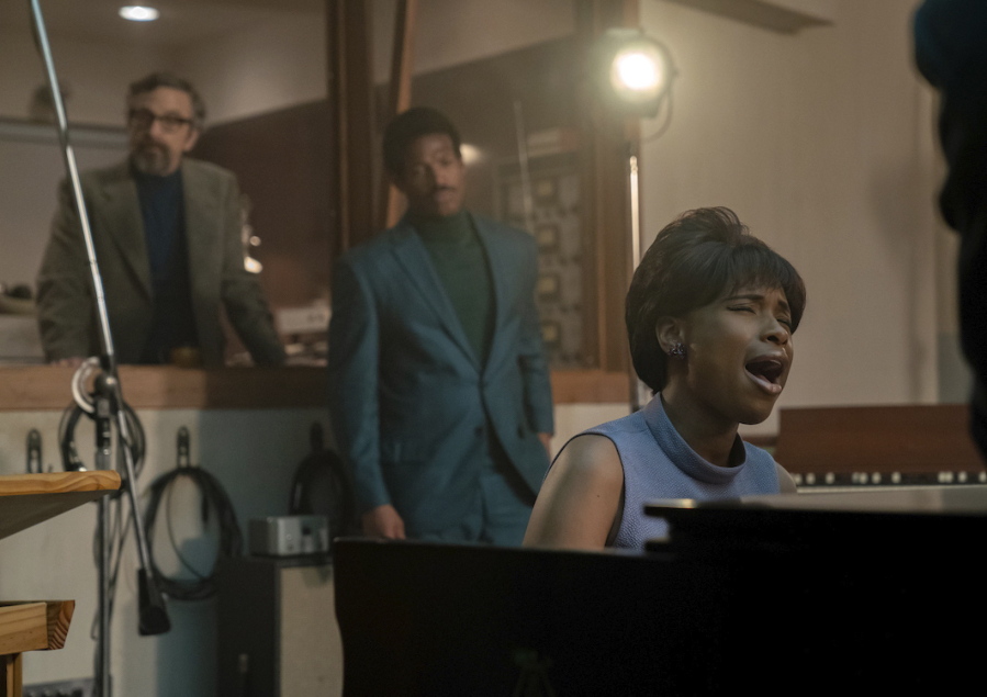 This image released by MGM shows Marc Maron as Jerry Wexler, from left, Marlon Wayans as Ted White and Jennifer Hudson as Aretha Franklin in a scene from "Respect." (Quantrell D.