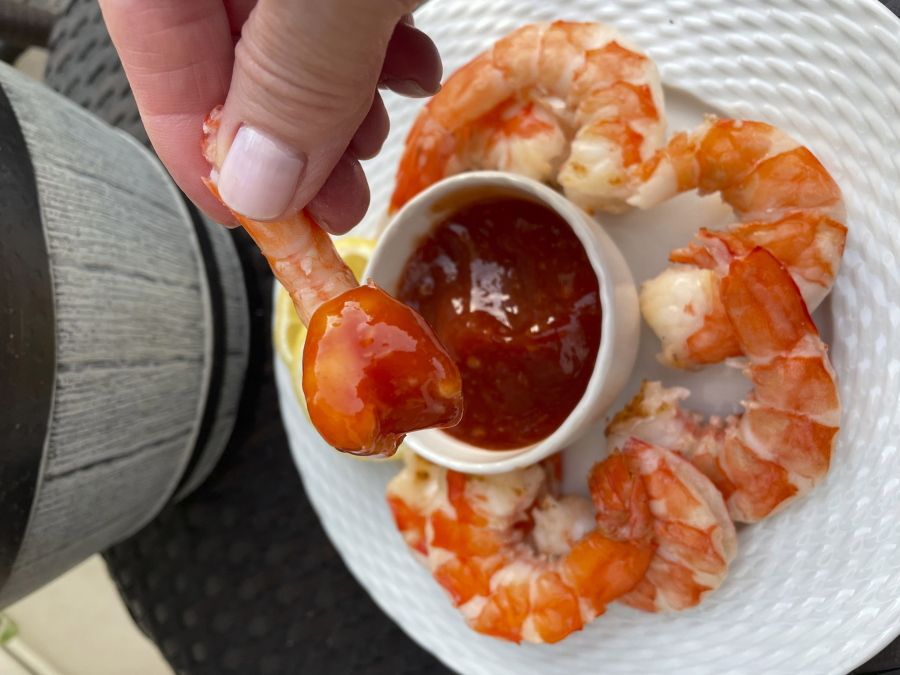A grilled shrimp cocktail with Bloody Mary sauce.