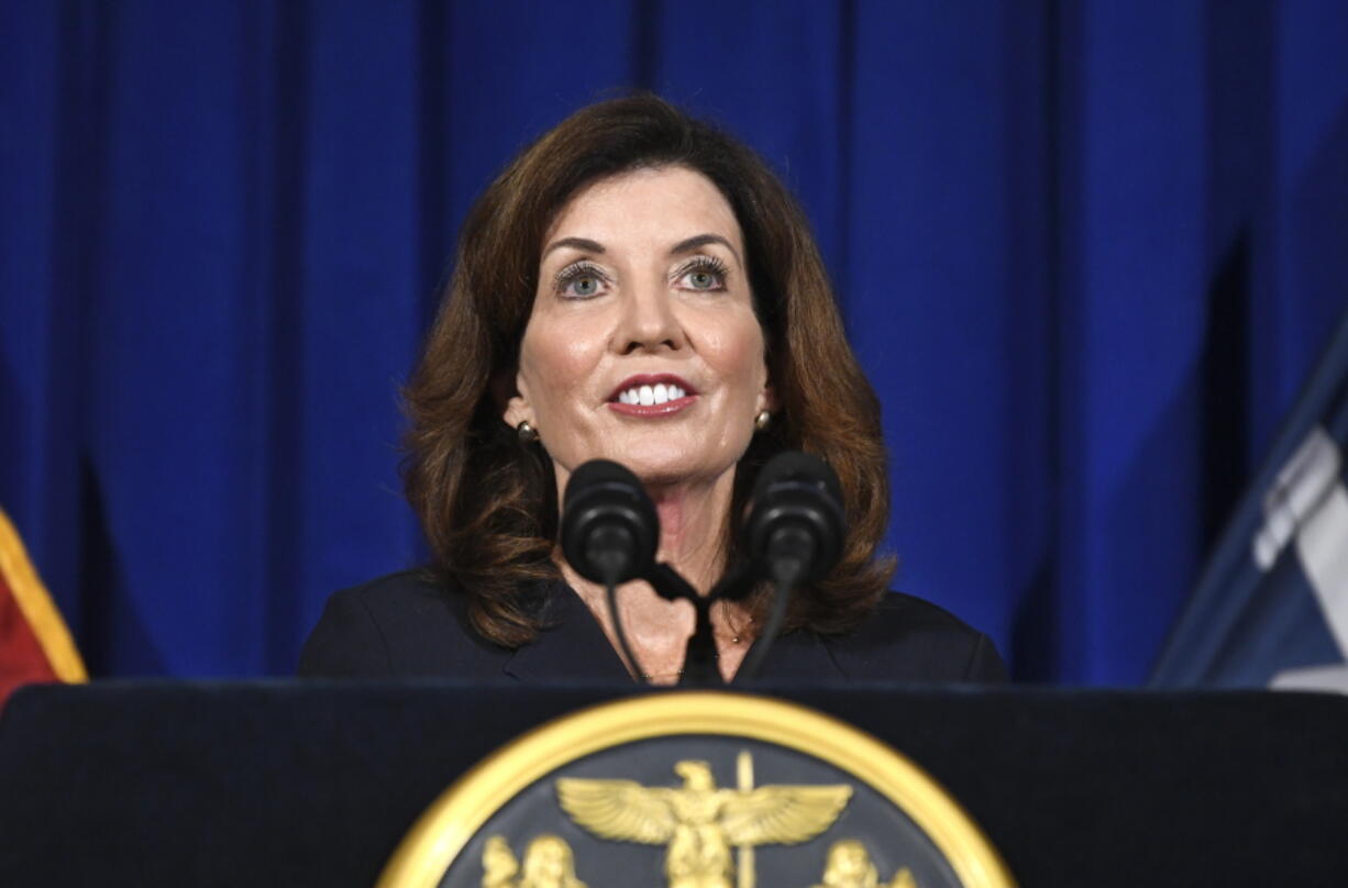 FILE - New York Lt. Gov. Kathy Hochul gives a news conference at the state Capitol on Wednesday, Aug. 11, 2021, in Albany, N.Y. Taking over on short notice for a scandal-plagued predecessor in the midst of the coronavirus pandemic, Hochul began her tenure as New York governor Tuesday, Aug. 24 with more than enough challenges for a new administration. She also began with a historic opportunity: Hochul is the first woman to hold one of the most prominent governorships in the U.S.